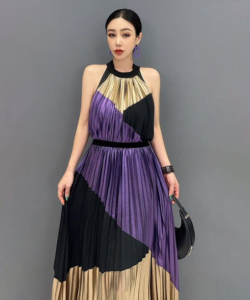 Tri-Color Pleated Halter Dress